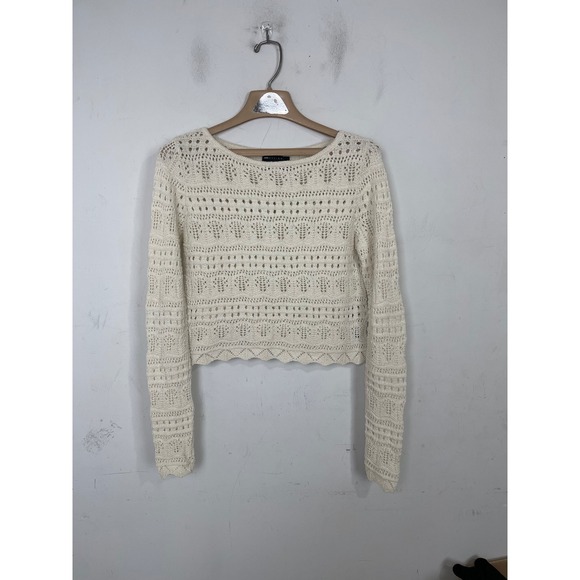 ASOS DESIGN Sweaters - ASOS DESIGN Women Cream Pointelle‎ Knit Cropped Sweater Scalloped Hem Small
